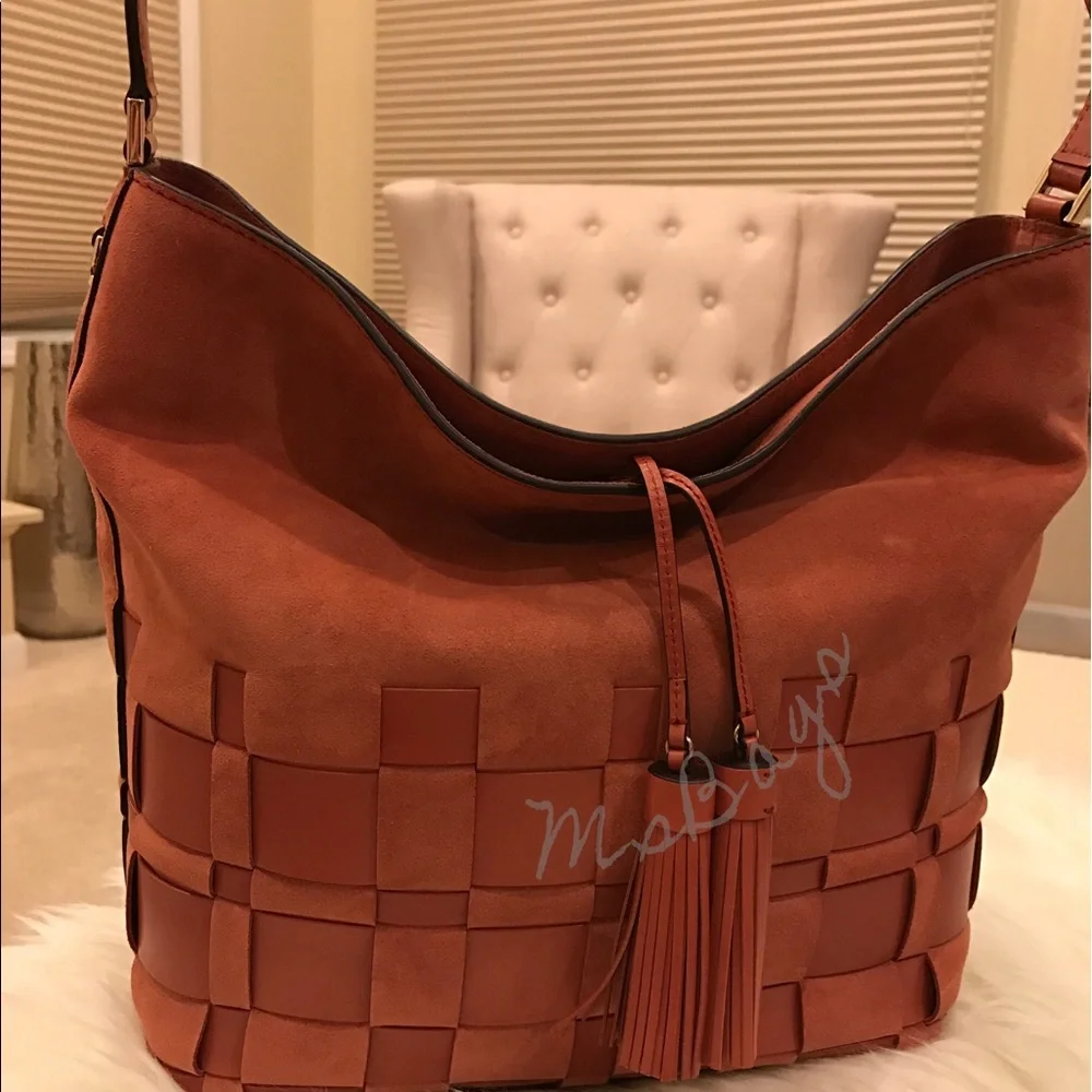 Michael Kors VIVIAN Woven Suede Hobo Shoulder Bag Cinnamon Red